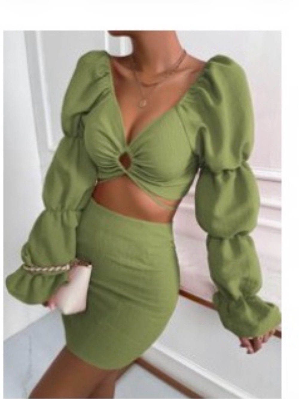 Green High-Waist Bodycon Mini Skirt set  - Women's